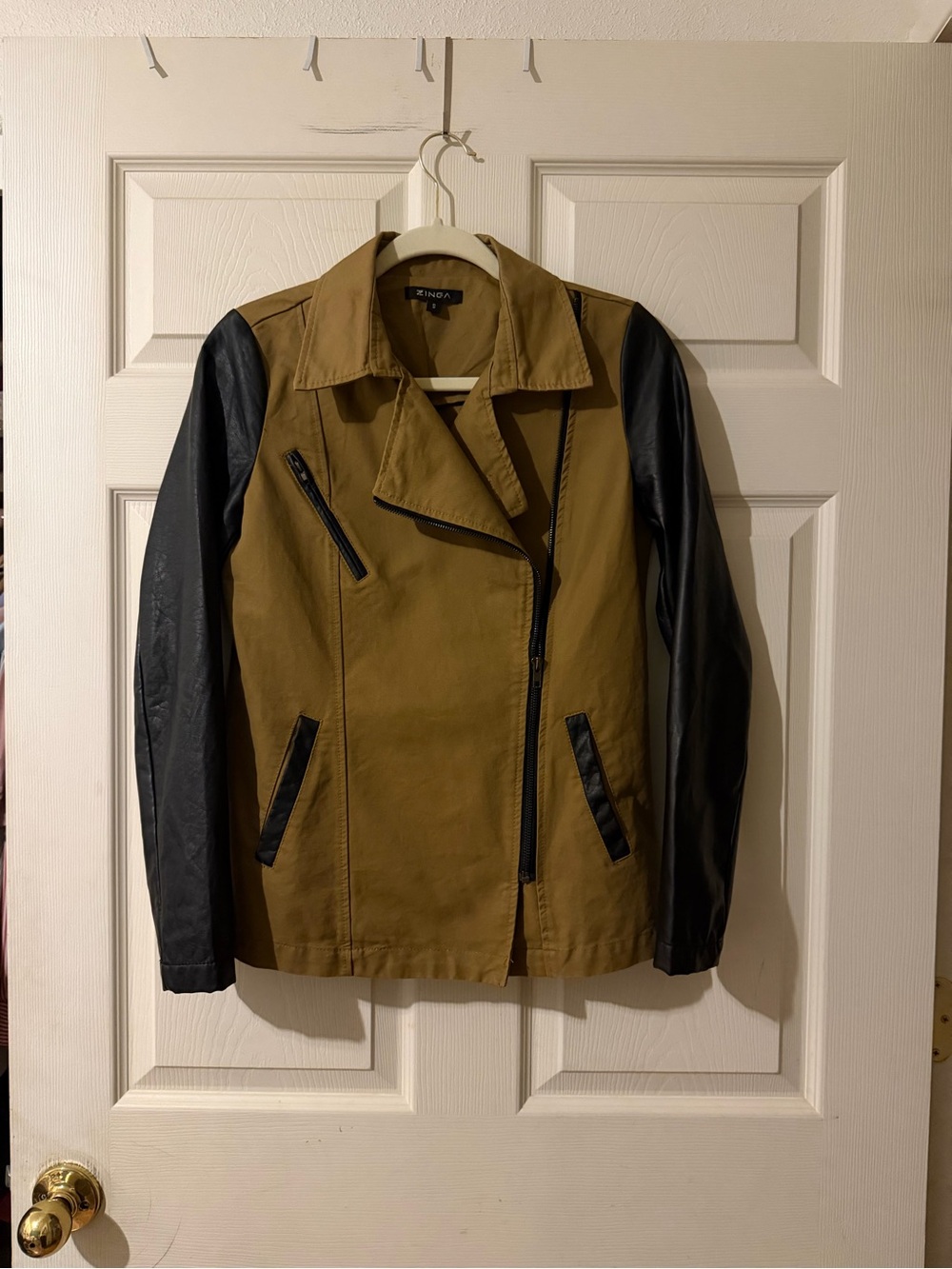 Women's Two-Tone Faux Leather Sleeve Moto Jacket in Camel and Black